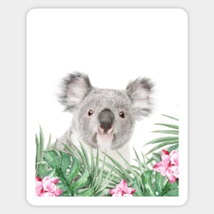 Koala, Tropical leaves and flowers, Animal, Nursery, Trendy decor, Interior Art Print Sticker